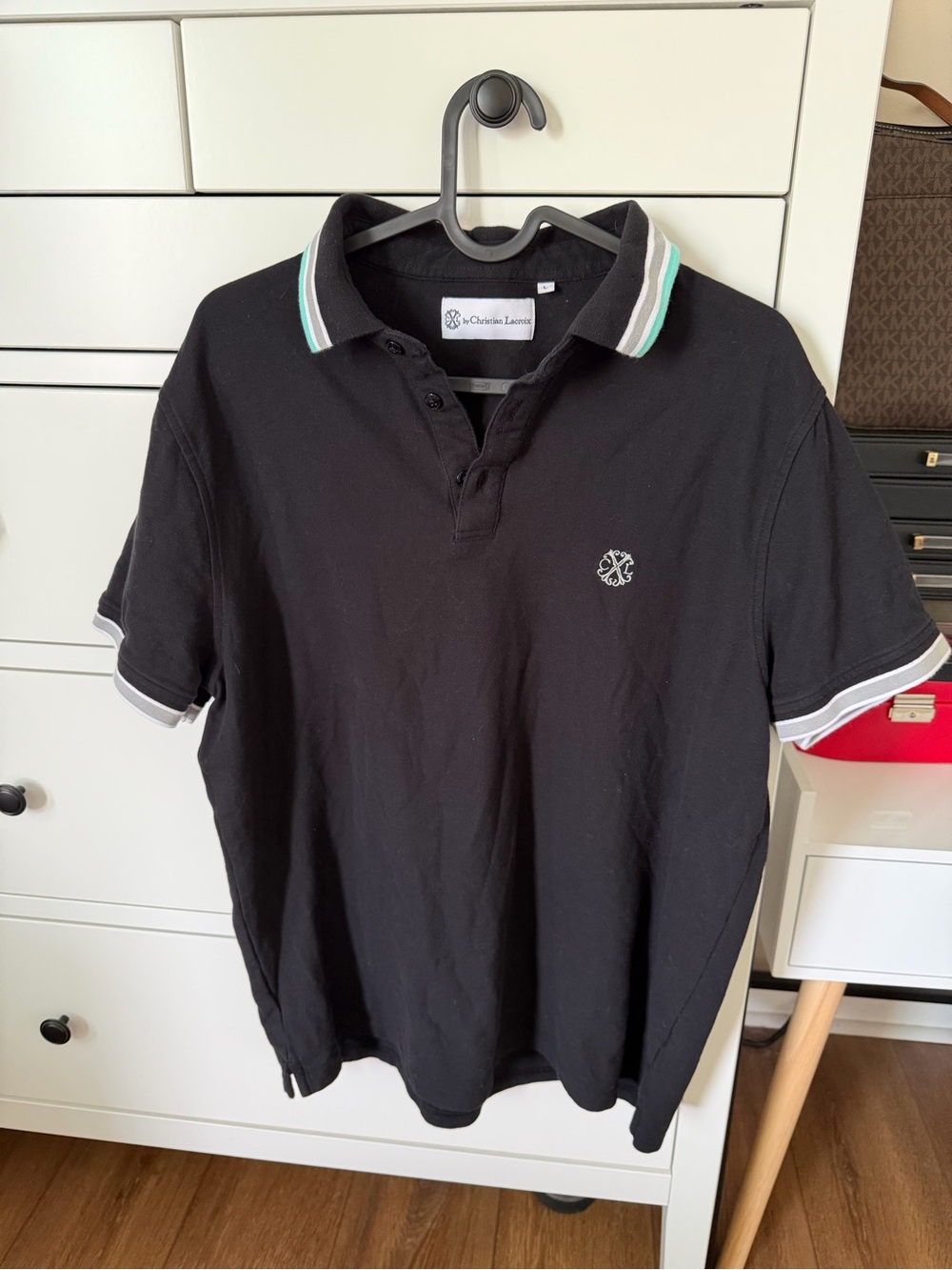 Christian Lacroix Black Polo Shirt with Striped Trim Trim Sz L